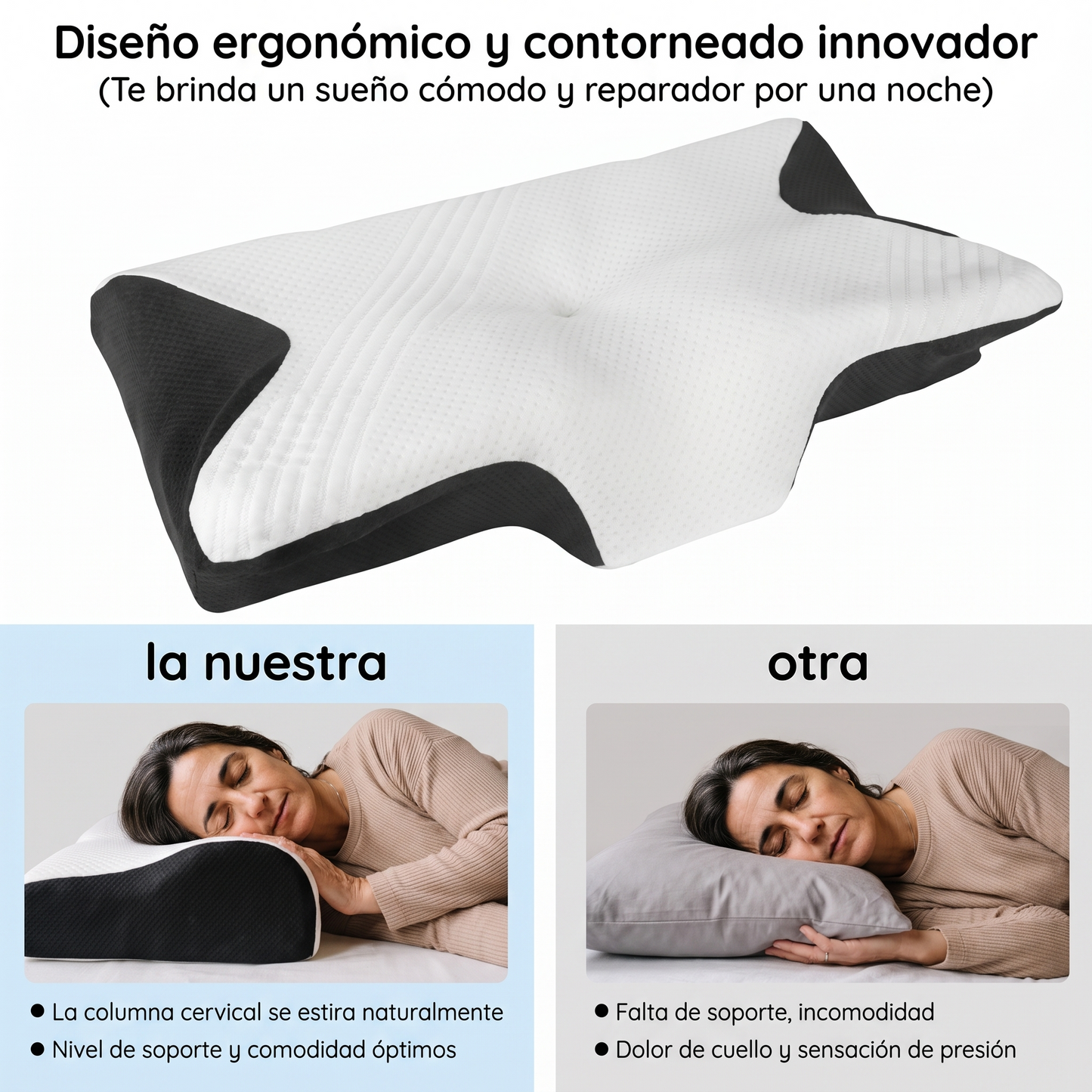 Comparativa entre el diseño ergonómico contorneado y una almohada convencional