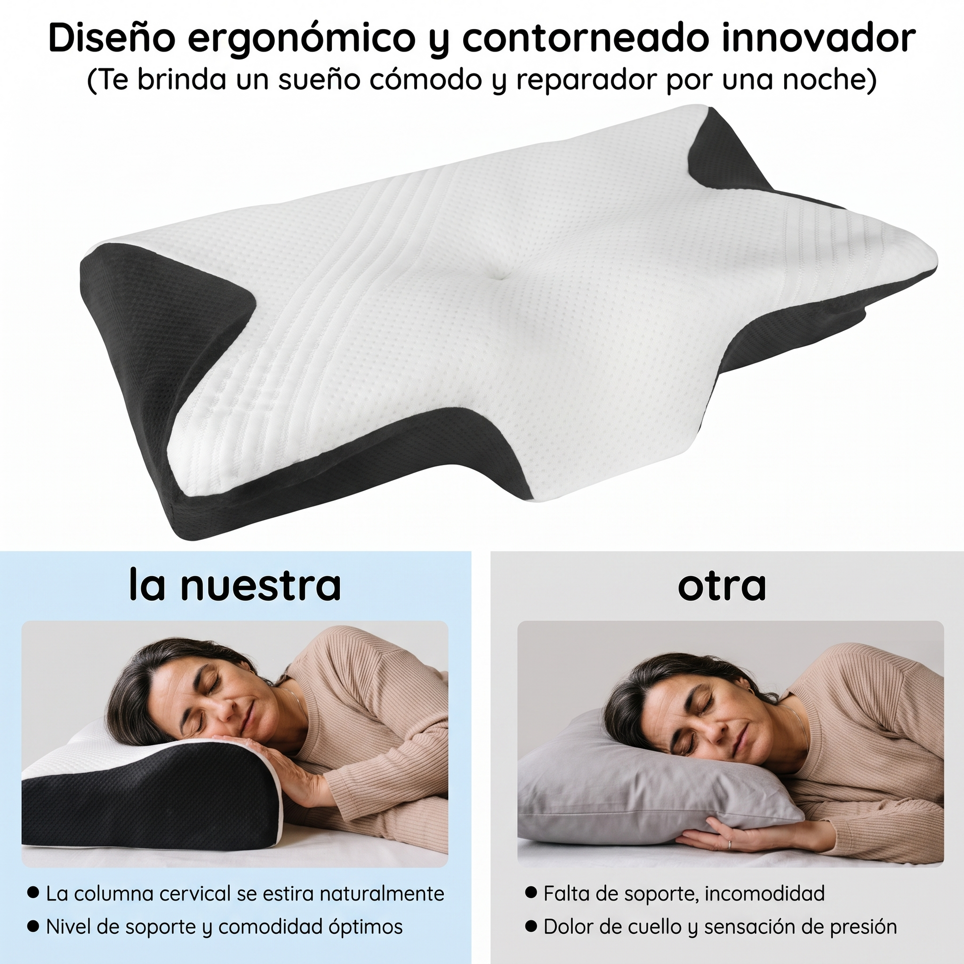 Comparativa entre el diseño ergonómico contorneado y una almohada convencional