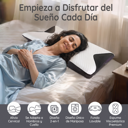 Detalle de la funda transpirable y lavable de la almohada cervical, con dimensiones del producto