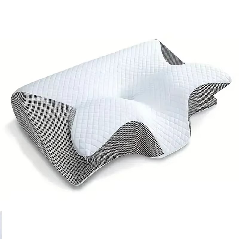 Almohada ergonómica cervical de espuma viscoelástica, diseño en forma de mariposa, sobre fondo blanco