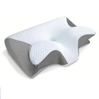 Almohada ergonómica cervical de espuma viscoelástica, diseño en forma de mariposa, sobre fondo blanco